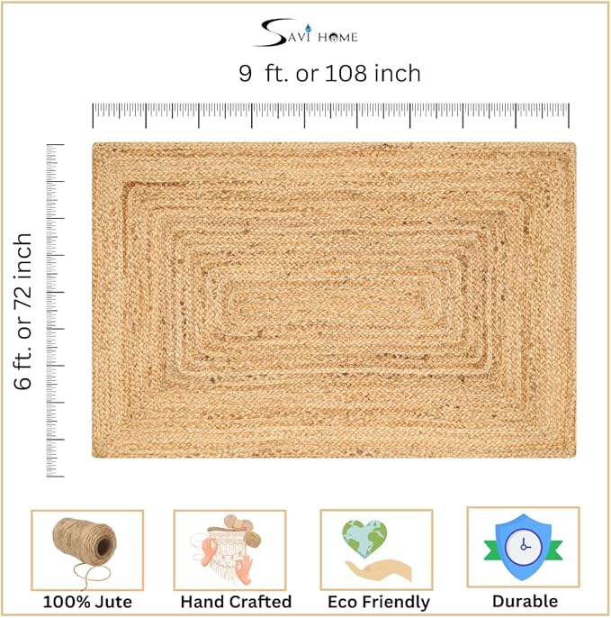 Hand Woven Farmhouse Jute Area Rug 6x9 Ft Rectuangle Natural Yarn, Rustic Vintage Beige Braided Reversible Rug, Eco Friendly Rugs for Bedroom, Kitchen, Living Room, Farmhouse 100% Jute Rug - Natural