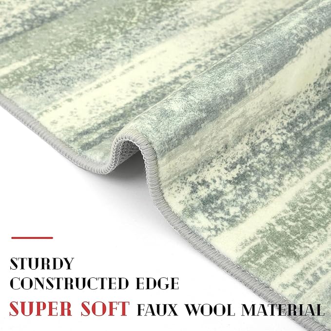 Modern Abstract Runner Rug 2x6, Sage Green Grey Washable Entryway Runner Non-Slip Soft Hallway Rug Runner Thin Print Faux Wool Carpet for Kitchen Bedroom Laundry Room Indoor