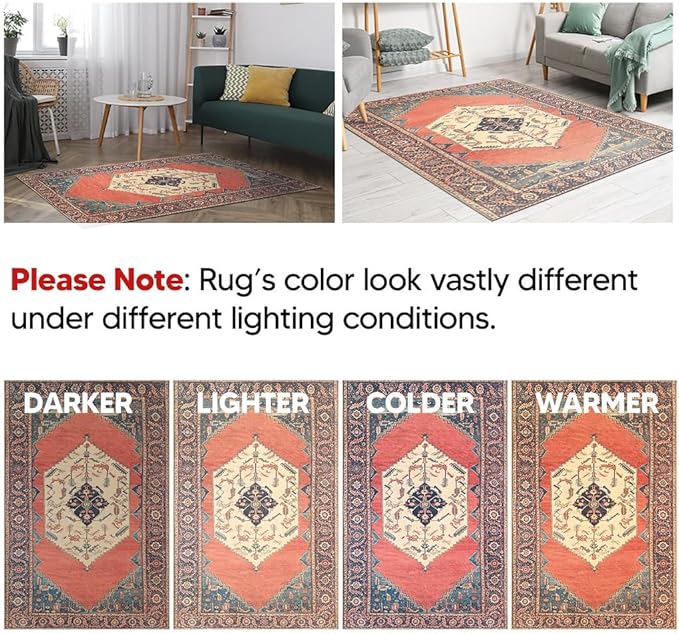 Keen Home Design 6x9 Rug - Machine Washable Area Rug with Non-Slip Backing, Ideal for Living Room, Dining Room, Bedroom - Vintage, Easy Clean, Durable, Low Pile Rug - (6' x 9')