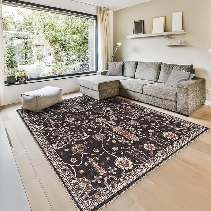 GLN Rugs Traditional Collection - Machine Washable Area Rug, Traditional Washable, Non Slip, Low Pile Chenille Rug, Living Room, Bedroom, Kitchen Rug (9' x 12' Black)