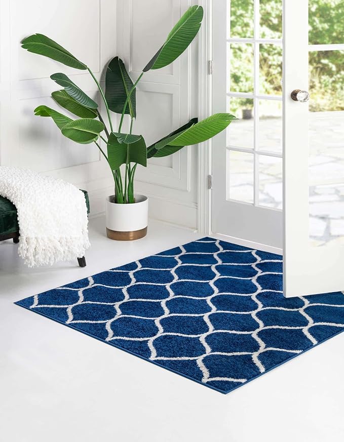 Rugs.com Lattice Frieze Collection Rug – 5' Square Navy Blue Medium Rug Perfect for Living Rooms, Kitchens, Entryways