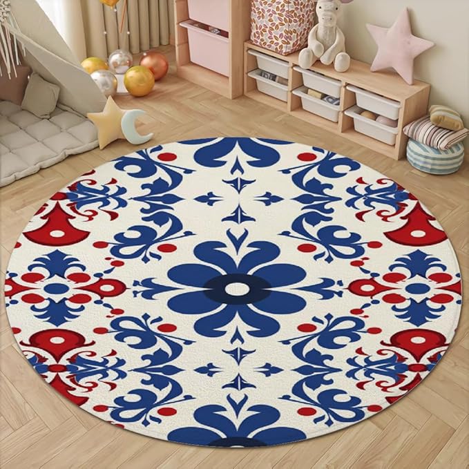 Vintage Blue Flowers Washable Round Rugs Oriental Tribal Floral Circle Rugs for Living Room Entryway Round Area Rug Soft Non Slip Nursery Carpet for Bedroom Dining Coffee Table 6ft