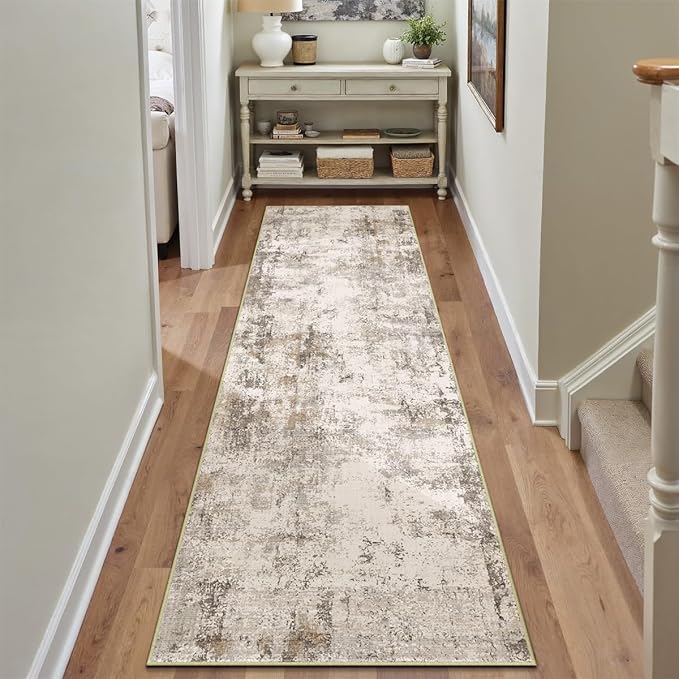 2x10 Washable Runner Rug Brown Grey Abstract Hallway Kitchen Throw Rug Neutral Modern Non Slip Soft Low Pile Carpet for Bathroom Laundry Bedroom Living Room