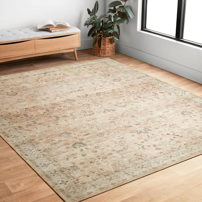 Loloi Hathaway Collection HTH-06 Blush/Multi 3'-6" x 5'-6", .25" Thick Accent Rug, Soft, Durable, Printed, Modern, Low Pile, Non-Shedding, Easy Clean, Living Room Rug