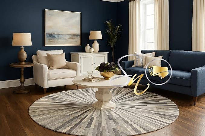 Faux Cowhide Round Area Rug | Non-Slip Leather Floor Carpet for Living Room, Bedroom, and Home Décor | Modern Stylish Accent Rug(Grey_8x8)