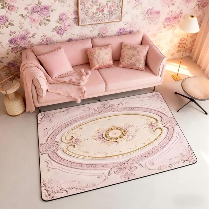Light Pink 3 x 5 Area Rug Antique Decor Boho Floral Rugs for Living Room | Bohemian Flowers Washable Rug, Minimalist Damask Victorian Carpet Indoor Floor Mat
