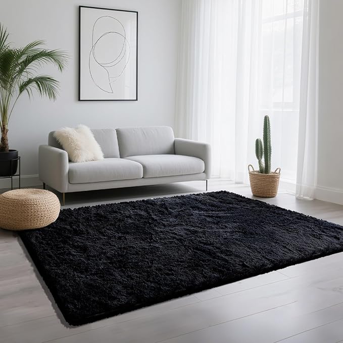 4x6 Area Rugs for Living Room Bedroom,Soft Fluffy Shaggy Bedside Rug, Indoor Floor Carpet for Kids Playroom Playroom, Dorms, Nursery Rooms, Home Decor (Black 4'x6')