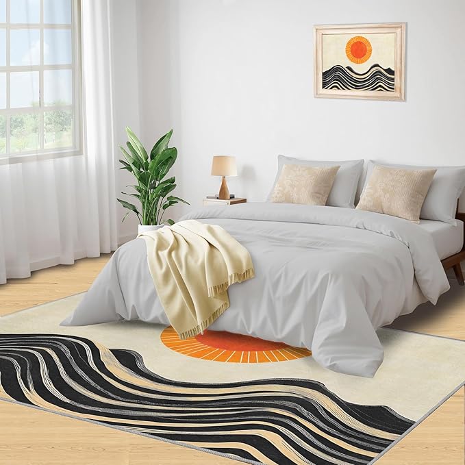 Boho Sun Area Rugs 5x6ft, Watercolor Mountain Rugs for Kids Bedroom, Abstraction Deco Office Rug Low Pile are Not Stumbling Foot for Living Room End Table Nursery