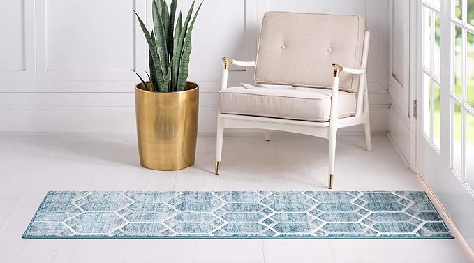 Rugs.com Lattice Trellis Collection Rug – 6 Ft Runner Blue Low-Pile Rug Perfect for Hallways, Entryways