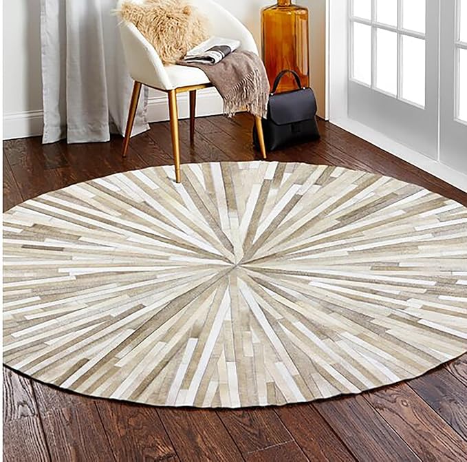 Faux Cowhide Round Area Rug | Non-Slip Leather Floor Carpet for Living Room, Bedroom, and Home Décor | Modern Stylish Accent Rug(Beige_9x9)
