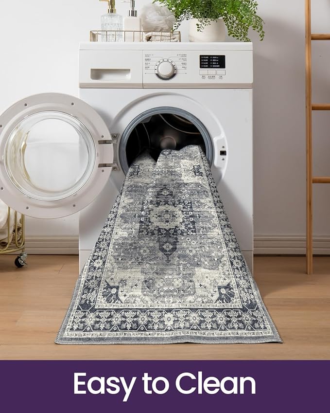 DEXI Hallway Runner Rug 3x10, Distressed Non Slip Runners Carpet, Boho Vintage Soft Thin Indoor Rug, Stain Resistant Washable Entry Mat for Entryway Kitchen Laundry Room Living Room, Blue Grey