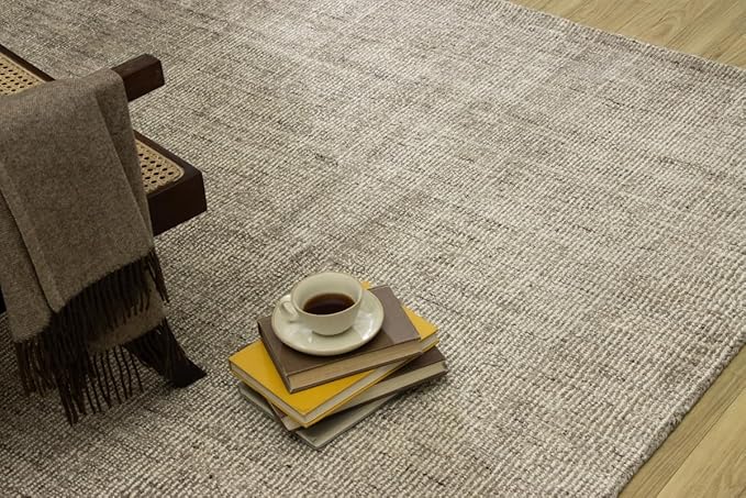 Handwoven Wool Area Rug 5'3" x 7'6" – Neutral Beige Gray Textured Flatweave Carpet for Living Room, Bedroom, Dining, Office – Modern Minimalist Floor Décor (160 x 230 cm)