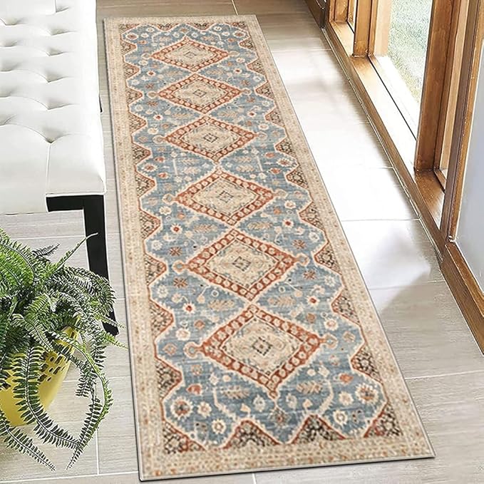 Moroccan Trellis Hallway Runner Rug Non-Slip Washable Geometric Standing Mats Anti-Fatigue Long Farmhouse Kitchen Mat Soft Low-Pile Distressed Area Rugs for Bathroom,Bedroom,Laundry 2' X 4.3'
