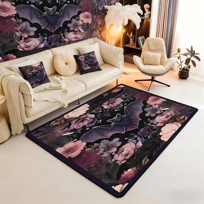 Black Floral Bat 5x7 Area Rug Halloween Bats Living Room Rug | Boho Flowers Rugs for Bedroom, Romantic Plant Gothic Carpet Indoor Floor Mat