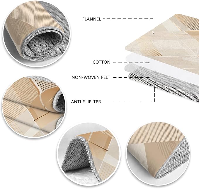 Minimalist Abstract Area Rug 4x5 Brown Boho, Modern Washable Stripe Art Rugs, Soft Non-Slip Low-Pile Carpet for Living Room, Bedroom, Kitchen, Dining Room, Pet Friendly, Non-Shedding, Beige