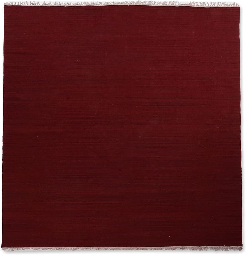 Hand Woven Flat Weave Kilim Wool ECO-Friendly Area Rugs - 10'x10', Square Shape, Burgundy Color, Solid Plain Design, Low Pile Handmade Area Rugs for Living Room, Bed Room (D00111)