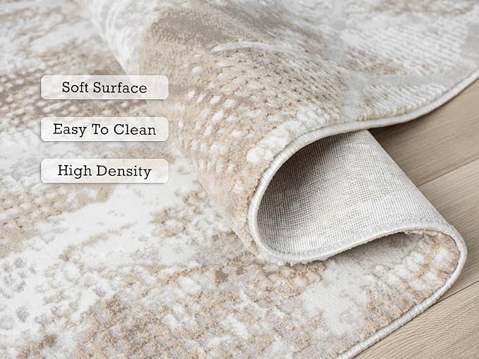 Adel Modern Area Rug for Living Room, 8x10 Rustic Distressed Abstract Large Beige Neutral Rug, Medium Pile Stain Resistant Carpet for Bedroom, Dining Room or Kitchen (8' x 10', Beige)
