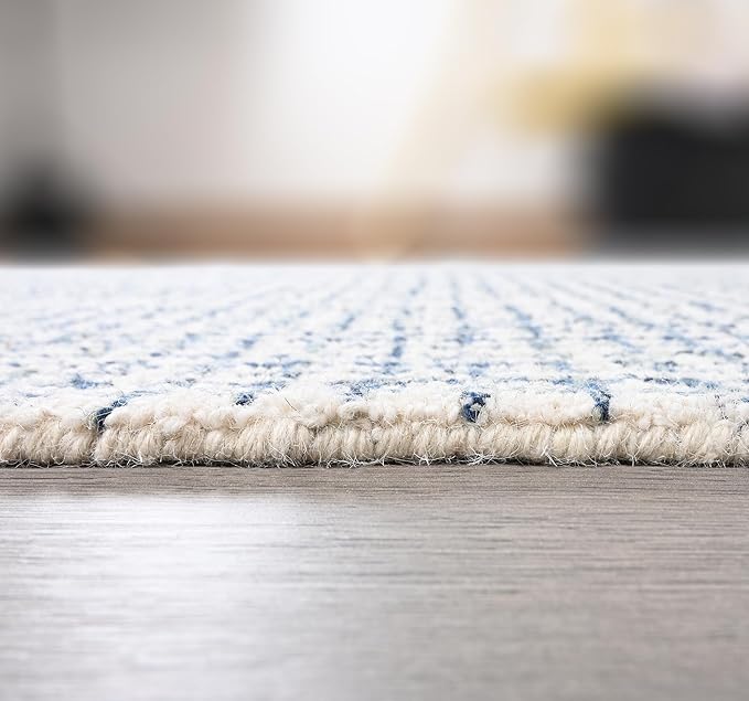 Hand-Tufted 100% Wool Pile Area Rug – Geometric Textured Grid Check Pattern – Thick and Durable Floor Carpet for Bedroom, Living Room, Kids Room, and Dining Area (Ivory, Denim, 8' x 8')