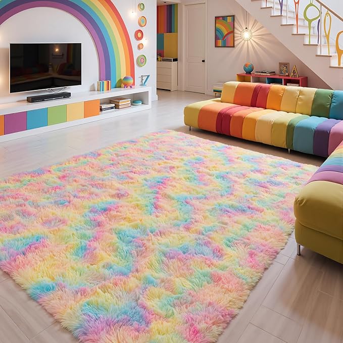 Zentavio Unicorn Rugs for Girls Room 9x12 Area Rugs for Living Room Carpet for Bedroom Washable Soft Fluffy Shag Aesthetic Plush High Pile Rug for Nursery Kids Room Dorm Room Rainbow