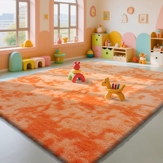 Mottling Orange Fluffy Rug Shaggy Area Rug, 8x10 Area Rugs for Girls Bedroom, Big Soft Shaggy Bedside Non-Slip Plush Dorm Nursery Kids Carpet Home Decor Aesthetic
