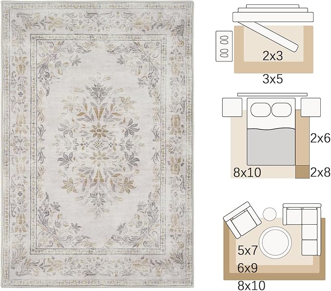 jinchan Floral 2x3 Rug for Entryway - Vintage Washable Area Rug Ultra-Thin Low Pile Soft Small Non Slip Distressed Indoor Door mat Accent for Entrance Kitchen Bedroom Bathroom (2x3ft, Light Grey)