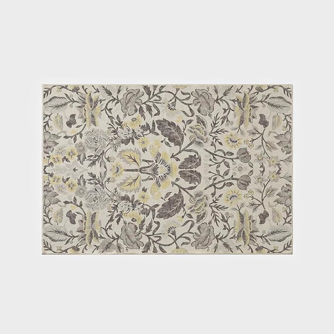 EVERGRACE Area Rugs for Living Room 4x6, Boho Floral Faux Wool Indoor Outdoor Rugs, Washable Rugs for Bedroom Entryway Dining Room Hallyway, Low Pile Floor Mat Carpet for Home Decor, Gray