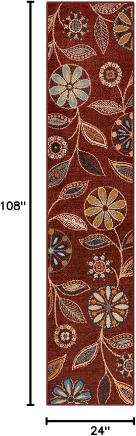 Maples Rugs Reggie Floral Runner Rug - Made in USA - Washable, Non Slip Indoor Carpet for Kitchen, Hallway, and Laundry Room, 2' x 9', Merlot