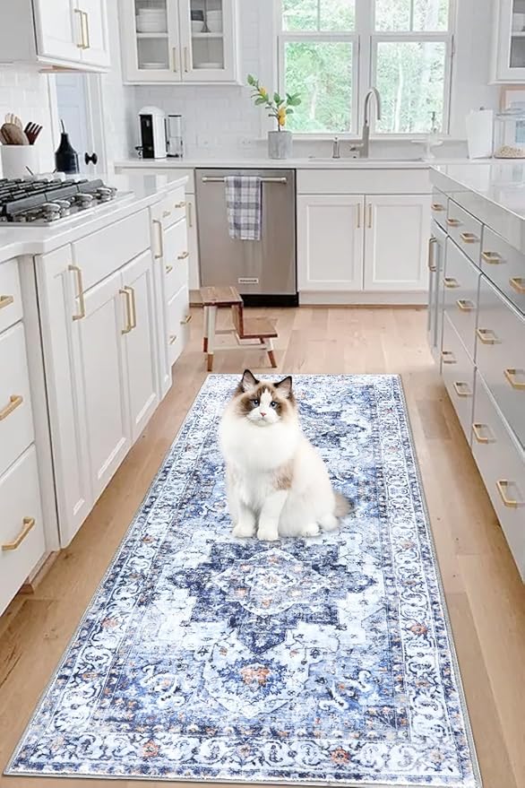 COMSLE Boho Runner Rug, 2x6 Washable Rugs for Hallway Faux Wool Small Throw Rug Distressed Kitchen Area Rug Non-Slip Laundry Room Rug Carpet Runner for Entryway Indoor Bedroom (Blue)