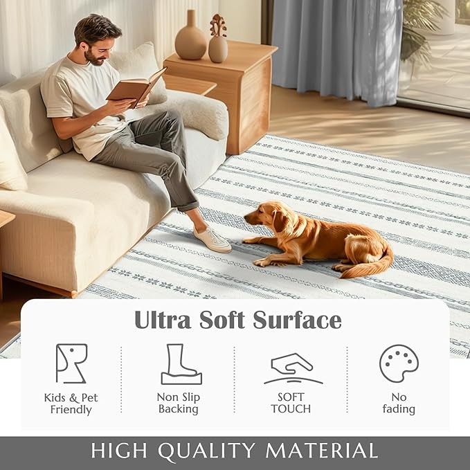 jinchan Moroccan Boho 5x7 Area Rugs for Bedroom - Machine Washable Soft Throw Rug Bohemian Ripple Design Non-Slip Neutral Carpet for Living Room Kitchen Dining Room Home Office (5‘x7', Grey)