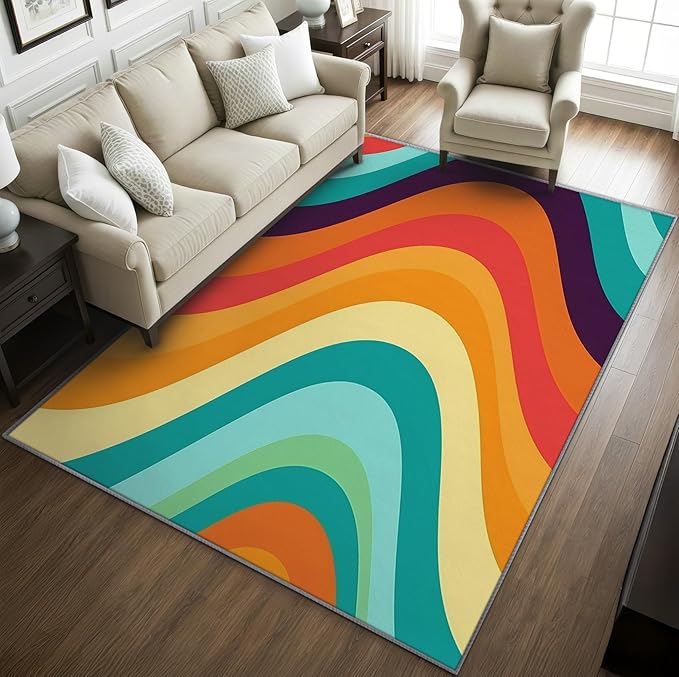 Retro Rugs for Living Room 70s -Abstract Wave Rug, 4x5 ft, Colorful Rainbow Area Rug, Groovy Geometric Washable Rugs for Living Room Bedroom, Mid Century Retro 70s Home Decor & Gifts