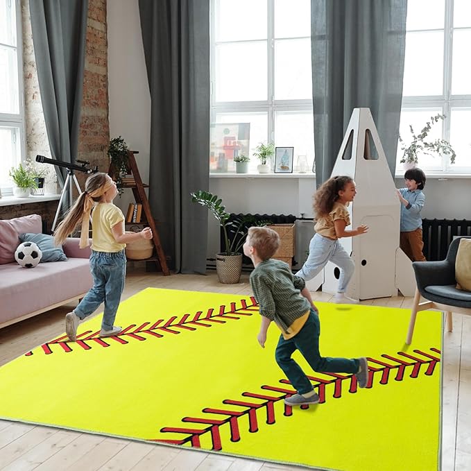 Soft Area Rugs for Bedroom, Softball Gifts for Softballs Lovers, Kids Toddlers Sport Softball Rug, Indoor Floor Boys Room Decor Carpet for Living Room, Dorms, Nursery Room, 5X7 Ft