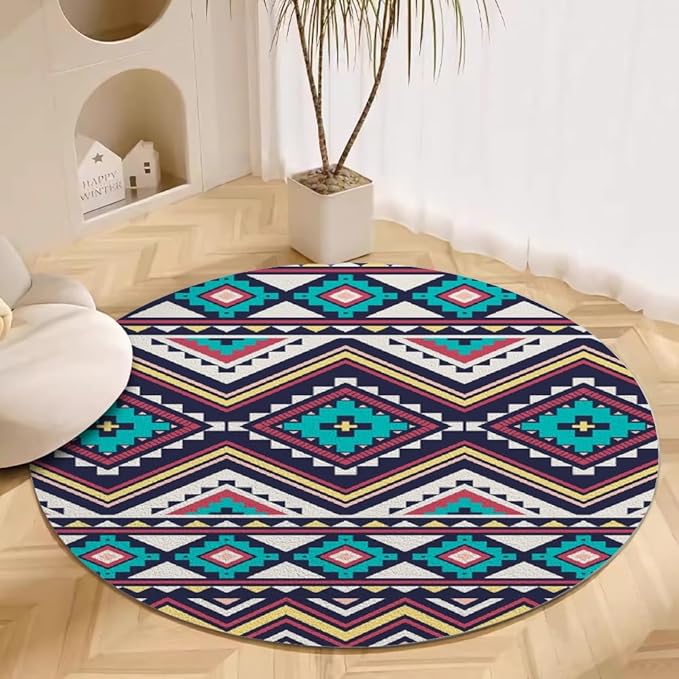 Native Tribal Geometry Round Rug Vintage Blue White Living Room Bedroom Area Rug Non Slip Soft Low Pile Washable Indoor Floor Carpet for Dining Room Kitchen Office Entryway 6ft