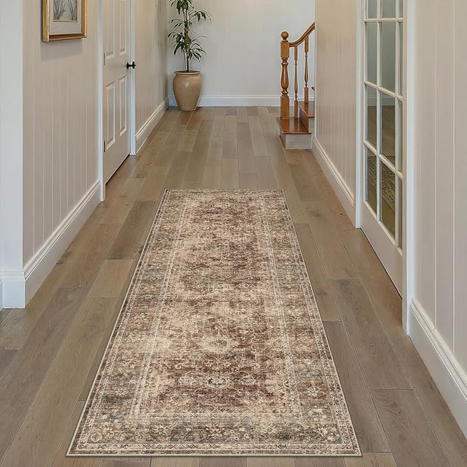 2x6 Washable Runner Rug for Kitchen Hallway Rust Vintage Non-Slip Low Pile Distressed Rustic Carpet Lightweight Vacuumable Soft Throw Rug for Indoor Entryway Bedroom