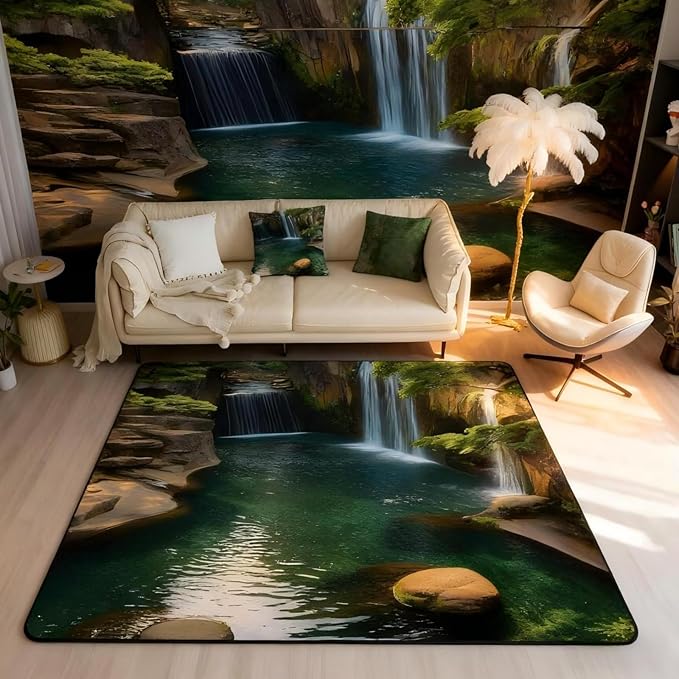 Waterfall 3 x 5 Area Rug Lake Cascade Scenery Rugs for Living Room | Chic Nature Art Mountain Rock Washable Rug, Sault Landscape Carpet Indoor Floor Mat