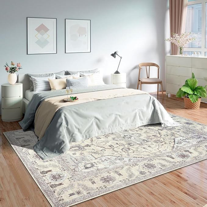 GLN Rugs Traditional Collection - Machine Washable Area Rug, Traditional Washable, Non Slip, Low Pile Chenille Rug, Living Room, Bedroom, Kitchen Rug (4' x 6' Cream/Gray)