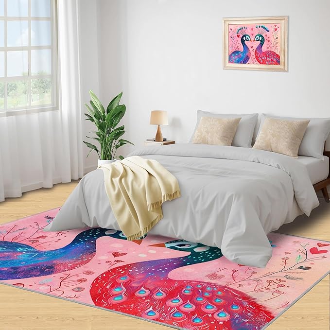 Cartoon Peacock Rug Large - 8x10 Rug, Colorful Peacock Washable Rugs for Living Room, Floral Botanical Carpet, Boho Non-Slip Area Rugs for Bedroom, Peafowl Carpet - Peafowl Home Decor & Gifts