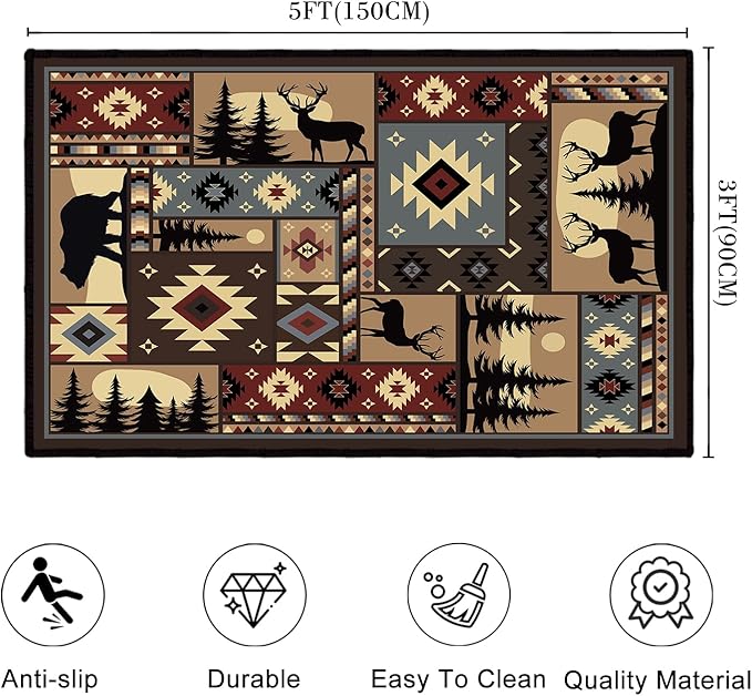 Rustic Cabin Wildlife Area Rug 3x5 Washable Bedroom Rug,Buffalo Plaid Bear Moose Deer Country,Farmhouse Throw Rugs Non Slip Area Carpet Small Floor Carpets Mat for Entryway,Living Room,Laundry,Office