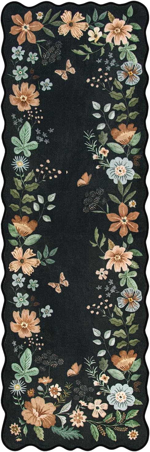 Lahome Floral Kitchen Runner, 2X6 Washable Runner Rug Non Slip Ultra-Thin, Soft Hallway Rug Stain Resistant Boho Small Low-Pile Carpet for ‎Laundry Bathroom Bedroom(2x6ft,Black/Grey)