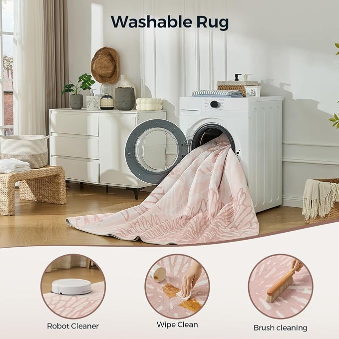 WITSHOCK Pink Rugs 7x10 for Bedroom Girls,Floral Modern Distress Print Pattern Carpet for Living Room Dining Room,Stain Resistant Anti Slip Backing Rugs for Kids Room Nursery Playroom,Light Pink