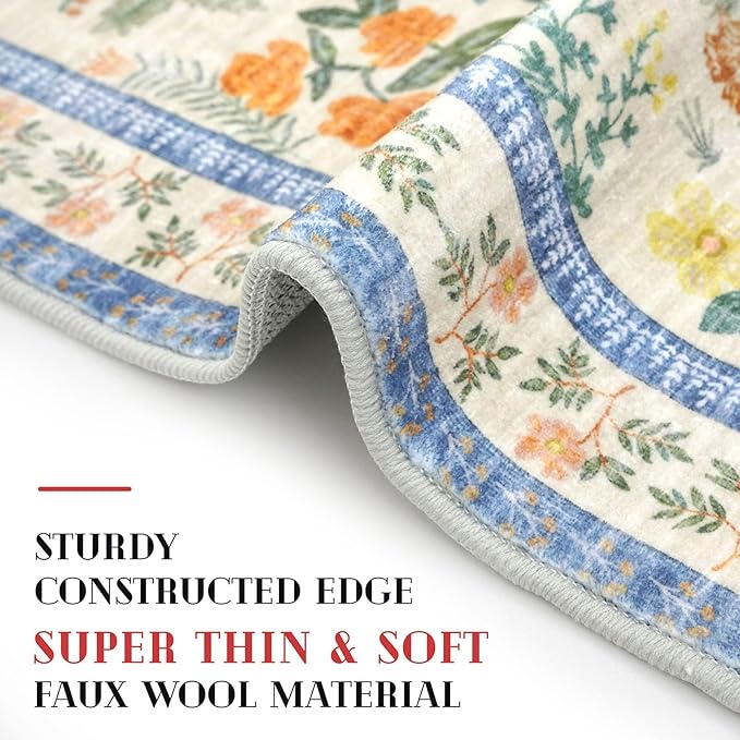Boho Floral Machine Washable Runner Rug 2x6, Garden Yellow-Green Kitchen Runner Rug Non-Slip, Super Thin Hallway Rug Runner Printed Faux Wool Soft Carpet for Entryway Bedroom Laundry Indoor