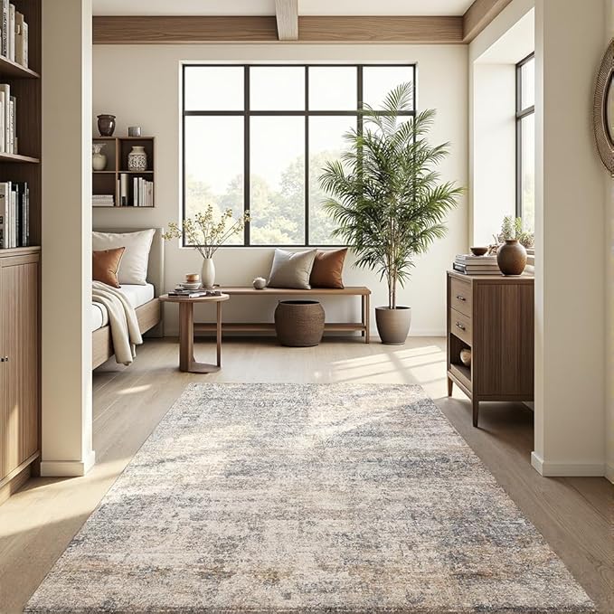 Area Rug 6x9 Washable Rug Grey and Beige for Living Room, Dining Room, Bedroom, Large Carpets, Non Slip & Non-Shedding Low Pile Vintage Print Rug for Home Office Decor