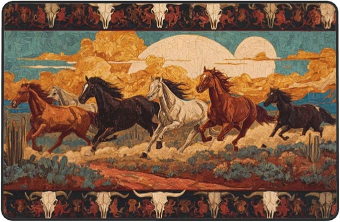 Horse Western Boho Ethnic Style Area Rug Washable Outdoor Rugs Anti-Slip Soft Carpet Entryway Indoor Door Mat for Bedroom,Living Room,Porch,Terrace and Entrance Decor 6'x 4'