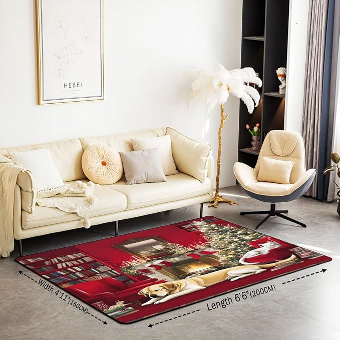 Merry Christmas Large Area Rug 5x7 Puppy Christmas Tree Living Room Rug | Little Cat Pup Dog Rugs for Bedroom, Cute Pet Animal Golden Retrievers Carpet Indoor Floor Mat