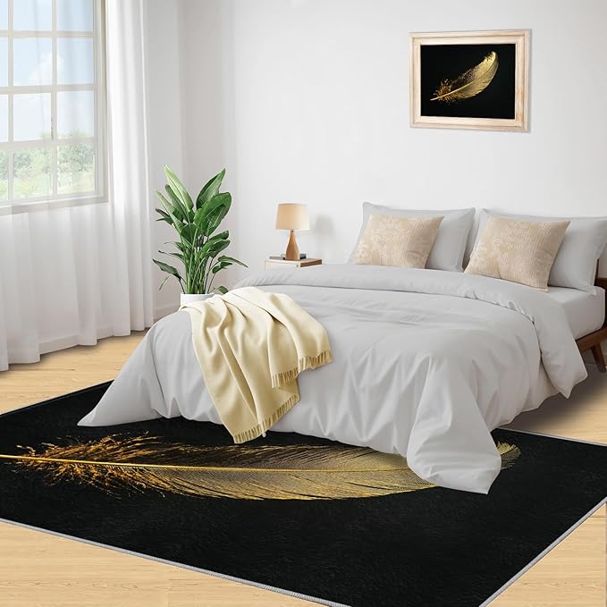 Golden Feathers Rugs for Bedroom - 3x5 Area Rug - Black Gold Feathers Rugs for Living Room, Modern Minimalist Art Rug, Washable Home Decor Carpet