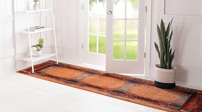 Unique Loom Estrella Collection Rustic, Distressed, Modern, Abstract Area Rug (2' 7 x 10' 0 Runner, Orange/Black)