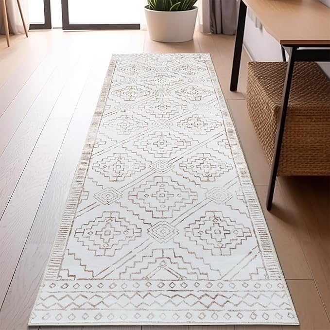 jinchan Moroccan Runner Rug 2x5 - Kitchen Machine Washable Runner Rug Modern Geometric Soft Low-Pile Lightweight Non-Slip Carpet for Entryway Hallway Laundry Room Bedroom Farmhouse (2x5ft, Taupe)