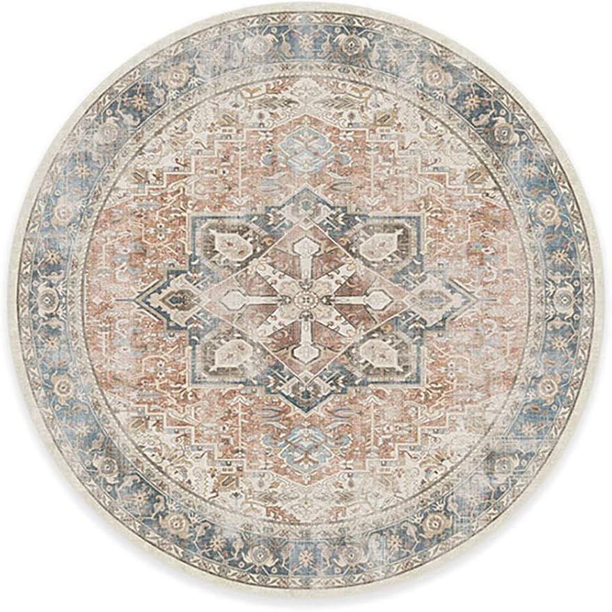 RUGGABLE Washable Vintage Area Rug – Kamran Coral 8 ft Round, Stain-Resistant, Non-Slip – Large Machine Washable Rugs for Living Room, Bedroom, Hallway, Entryway & Office–with Standard Pad