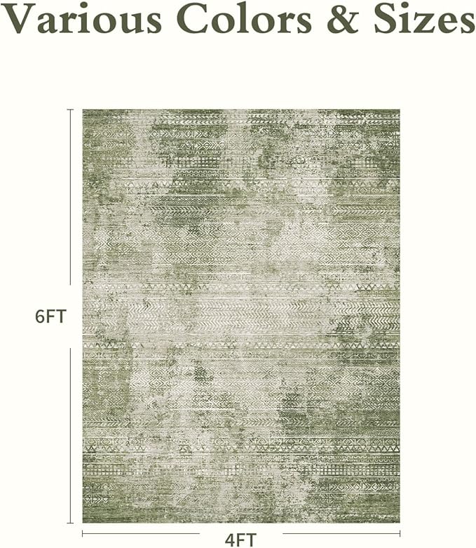 4x6 Area Rugs for Living Room Non Slip Machine Washable Rug Distressed Abstract Soft Indoor Carpet Neutral Boho Rug for Bedroom Dining Room Playroom Office, Green
