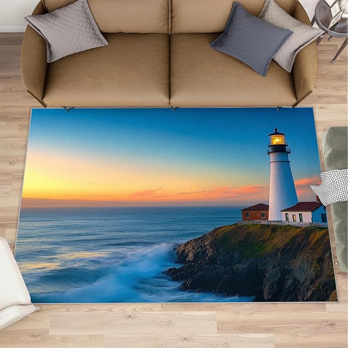 Coastal Rugs for Bedroom - 3x4 Area Rug - Ocean Lighthouse Rugs for Living Room, Sunset Ocean Scenery Rug, Non-Slip Washable Home Decor Carpet
