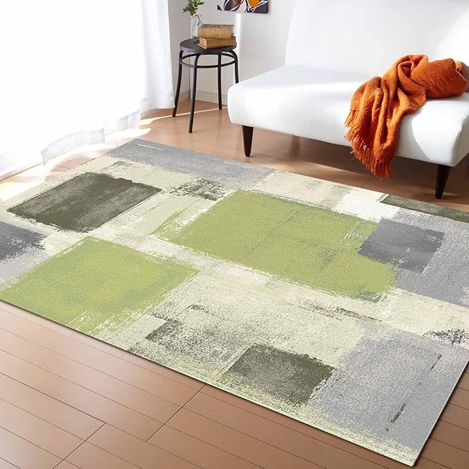 Sage Green Rectangular Area Rugs for Living Room Bedroom 5 x 8 ft Abstract Paint Texture Modern Art Non-Shedding Soft Low Pile Rug Non Slip Washable Rug for Nursery Entryway Playroom